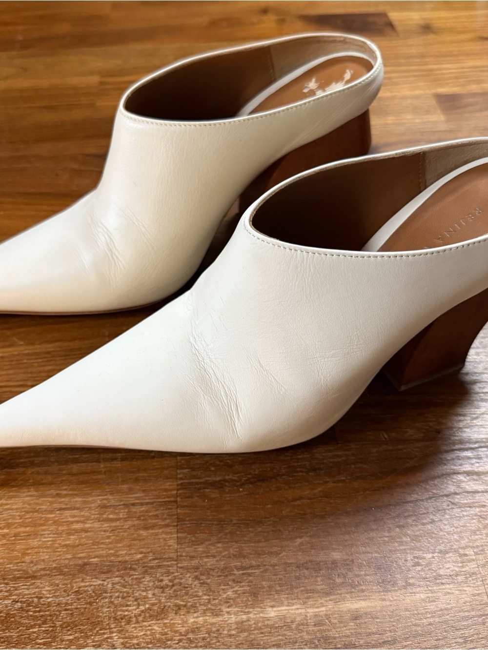 Rejina Pyo Cream Pointed Leather Mule Heels
